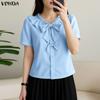 VONDA Women Lapel Neck Short Sleeve Buttons Bow Knot Casual Cropped Blouse Tops