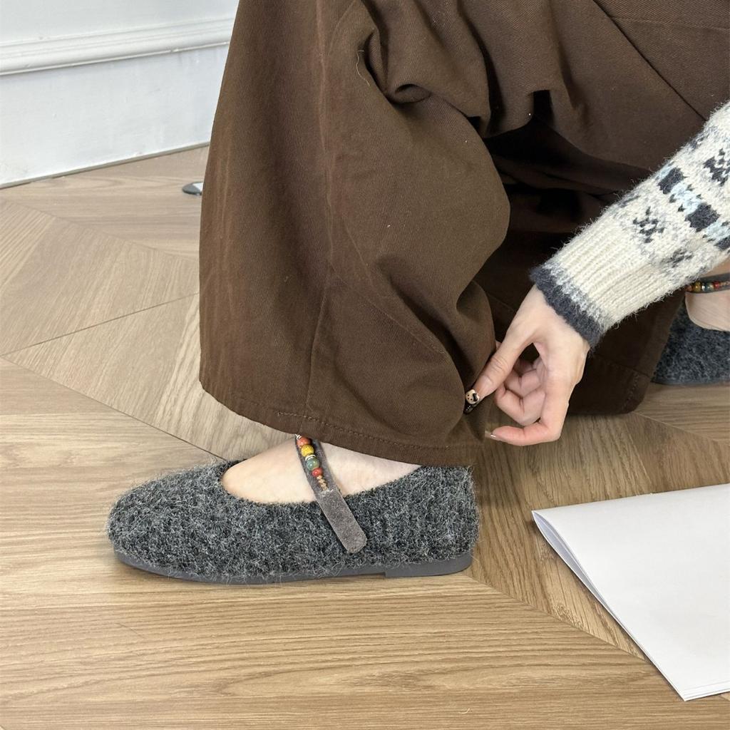 2025 autumn and winter new mink fluff word with shallow mouth soft sole commuting work Doudou women's single shoes