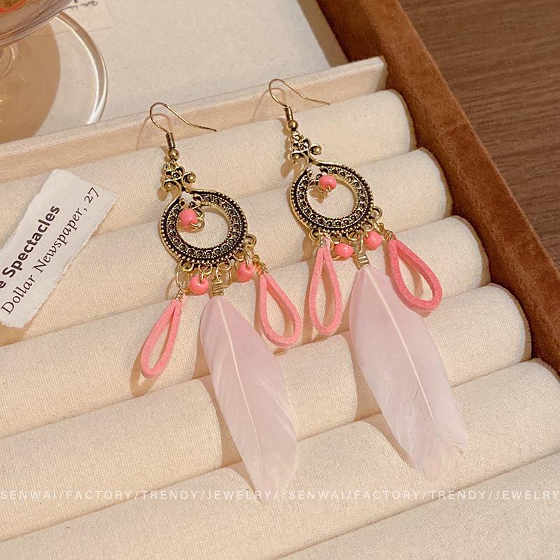 Seaside Vacation Fringed Feather Earrings Women's Long Retro Exotic Ethnic Style Stud Earrings Bohemian Earrings