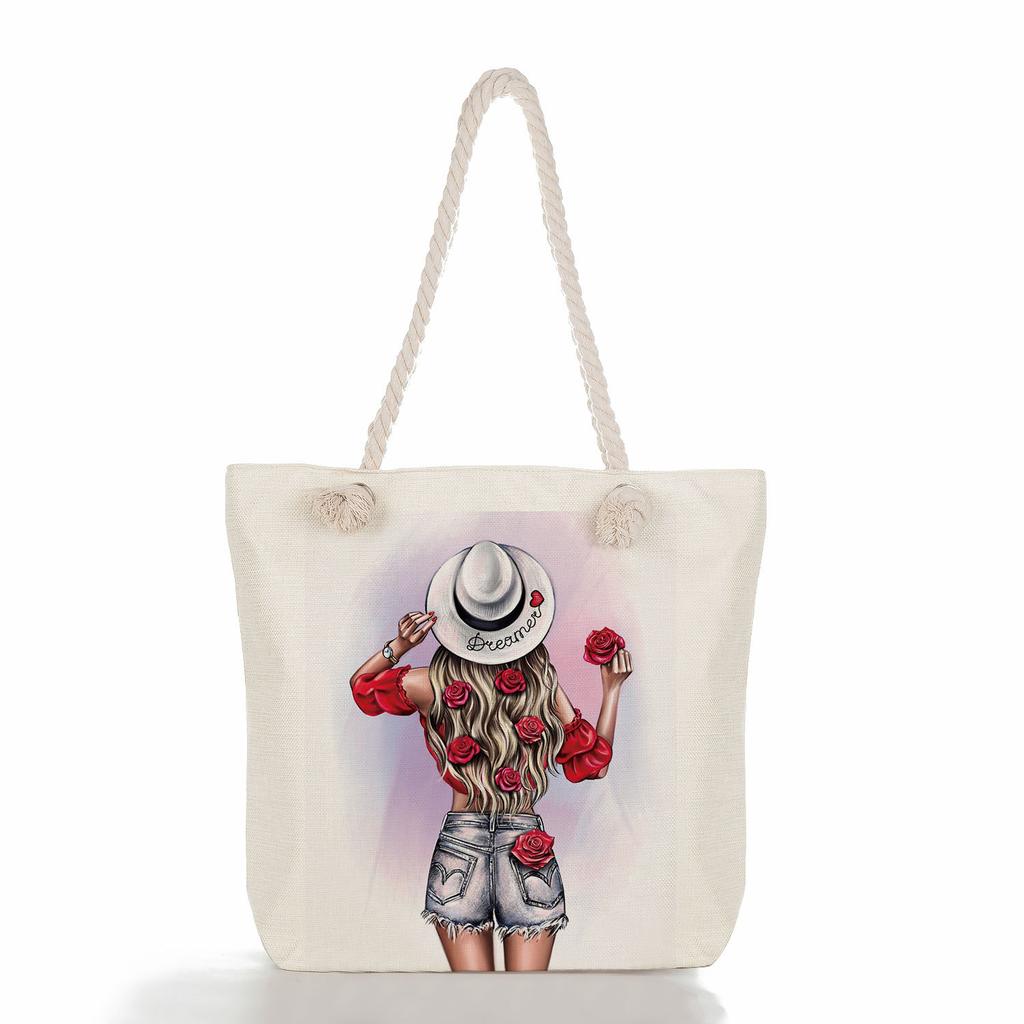 Multifunctional Coffee-colored Girl Printed Thick Rope Shoulder Beach Bag Casual Large Capacity Handbag 0107