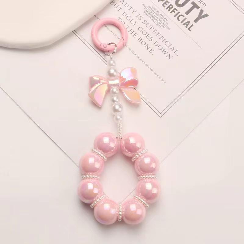 Korean Bow Pearl Pendant For Iphone Girl Phone Key Chain Jewelry Gifts Charm Hanging Cord Bracelet Lanyard Colorful Bead Chain