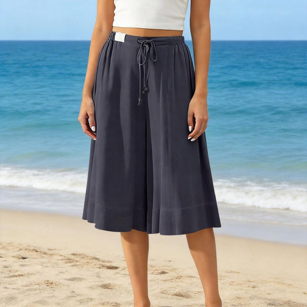 Women’s Wide Leg Culottes Drawstring Waist Loose Fit Pleated Midi Skirt Pants Soft Lightweight Fabric