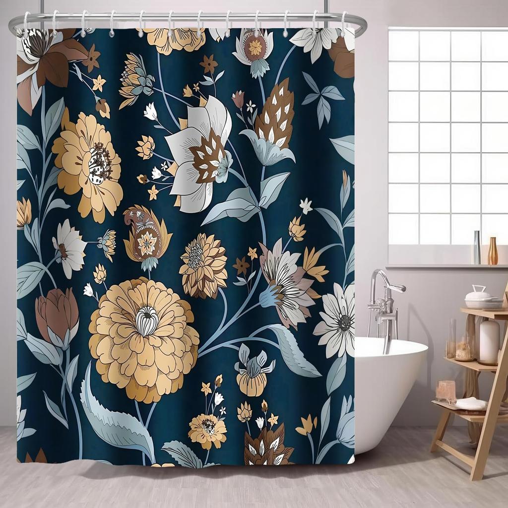Boho Flower Shower Curtain Mandala Floral Vintage Flower,Pink Blue Bright Petal Leaves Farmhouse Fabric Shower Curtains Bathroom