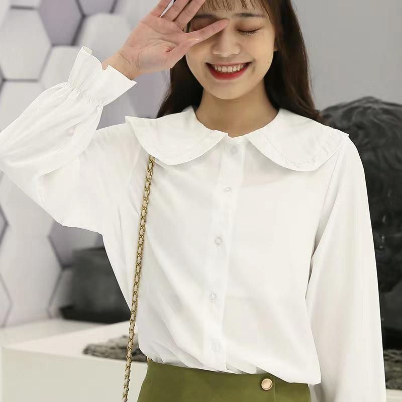 Women's Trendy White Shirt: College-Style Doll Collar, Long Sleeve, Loose Fit for Autumn/Spring