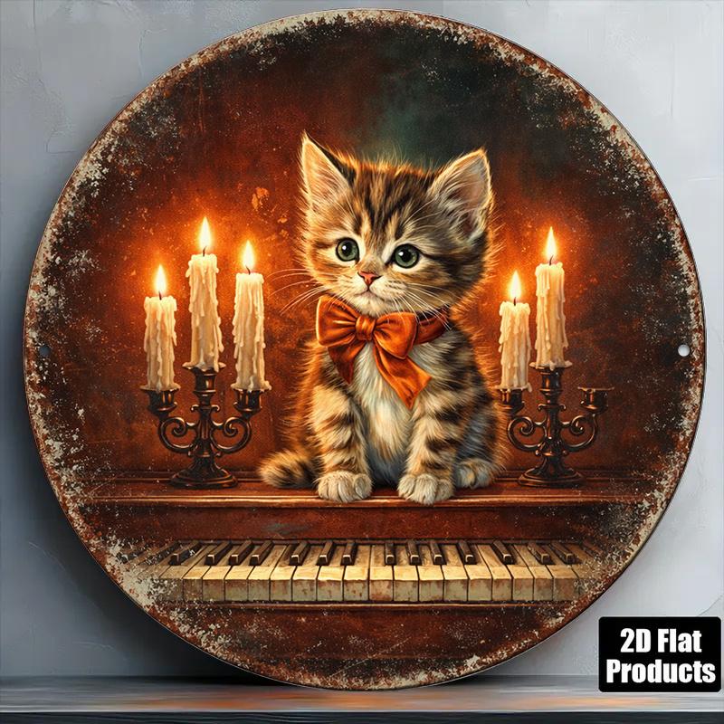 Pc InXCm D Flat Round Sign D Flat Round Sign with Cute Kittens And Retro Candlelight Retro Cat Candlelight Decorati