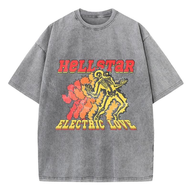 Vintage Woman Acid Wash T-Shirts Electric Love Prints Short Sleeve Tops O-Neck Cotton Oversize Tee Shirts Fashion  Clothes