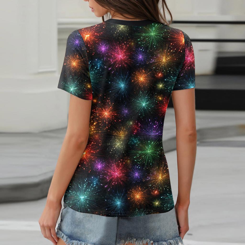 Damen-T-Shirt, T-Shirt, bedruckt, Knopfleiste, kurzärmelig, für den Alltag, Wochenende, modisch, Basic, V-Ausschnitt, normales Oberteil