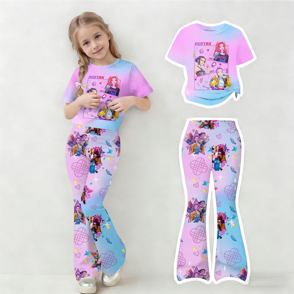 Children's Summer Sports T-Shirt And Bell-Bottom Pants Two-Piece Athletic Set Short Printed Clothing Set