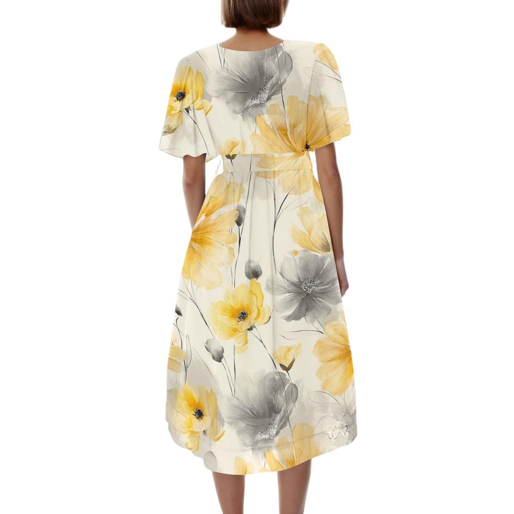 Women's Casual V Neck Short Sleeve Midi Dress Floral Print Wrap Style Lightweight Summer Dress