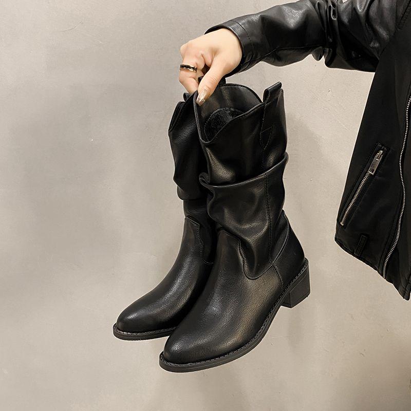 Fashion Leather Middle Heel Half High Boots for Women Gothic 2025 New Mid Calf Shoes Woman Goth on Offer Cosplay Rock in Footwear Sale