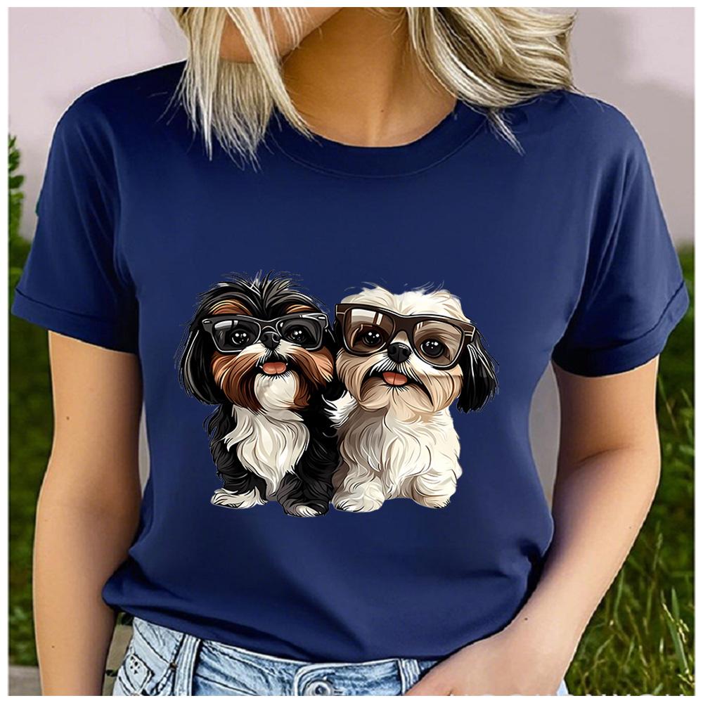 Cotton Cartoon Sunglasses Shih Tzu Pair Print T Shirt Women Lovely Fluffy Puppy Casual Daily Basic Short Sleeve Top