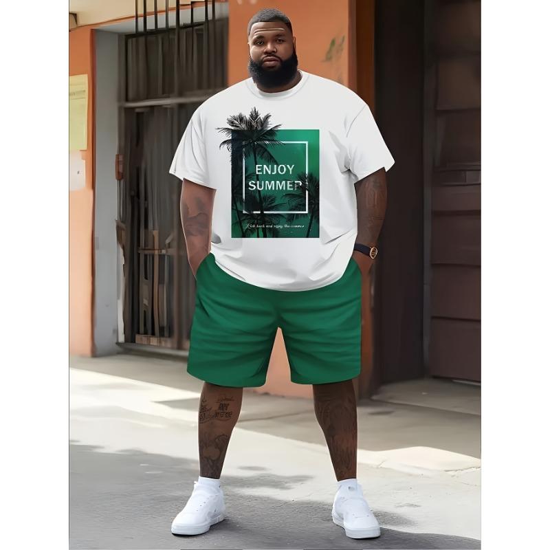 Men s Casual Two-Piece Suit: O-Neck Top with Minimalist Letter Print & Elastic Waist Shorts. Breathable Activewear for Summer Vacation S белый