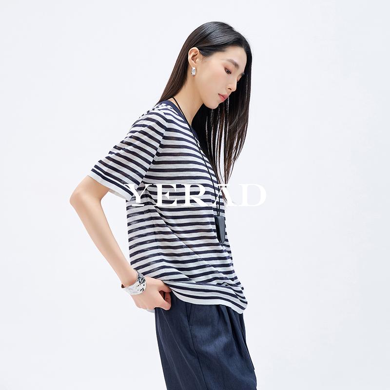 Yalida Women's Relaxed Striped Knitted Short-Sleeved Pullover T-Shirt