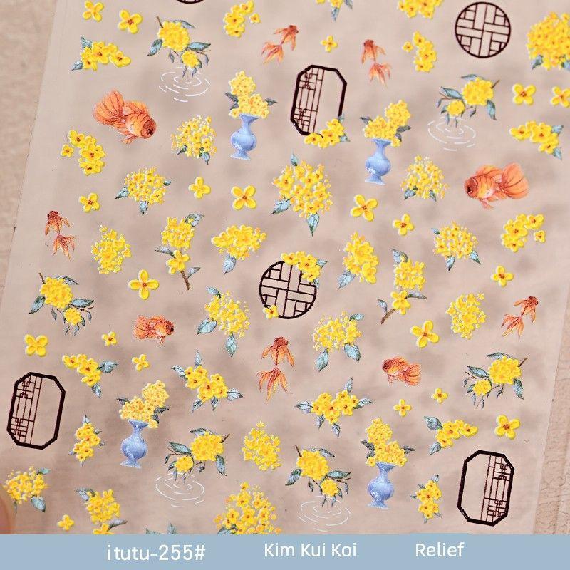 

Xiaohongshu Best Selling Osmanthus Fragrans Koi 5D Embossed Gilding Nail Sticker Autumn Chinese Style Nail Ornament itutu-255# Kim Kui koi carp relief