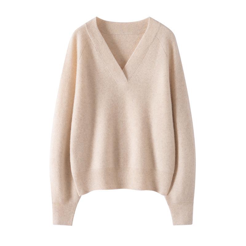 Women's Cashmere V-Neck Sweater - Thick, Loose, Solid Color for Autumn/Winter