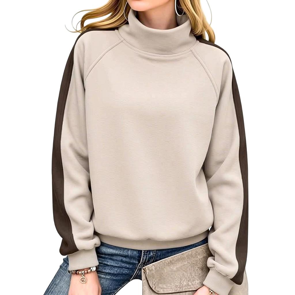 Women's Casual Loose Fit Color Block Long Sleeve High Neck Pullover Sweatshirt