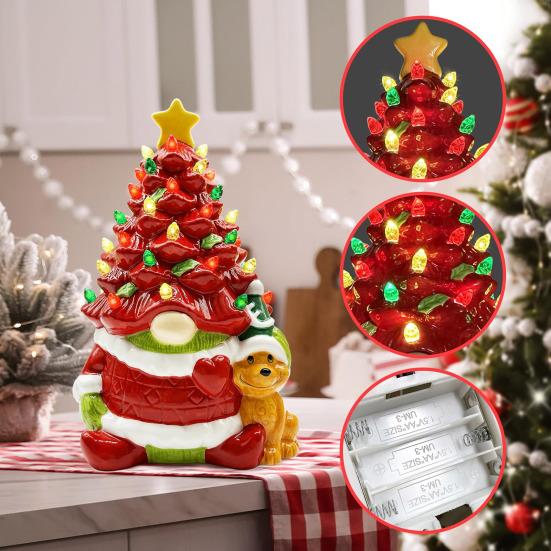 Yousheng 10 Inch Lighted Christmas Gnome Tree Resin Reindeer/Santa Dog Gnome Tree with LED Light for Home Office Fireplace Mantel Tabletop Decor