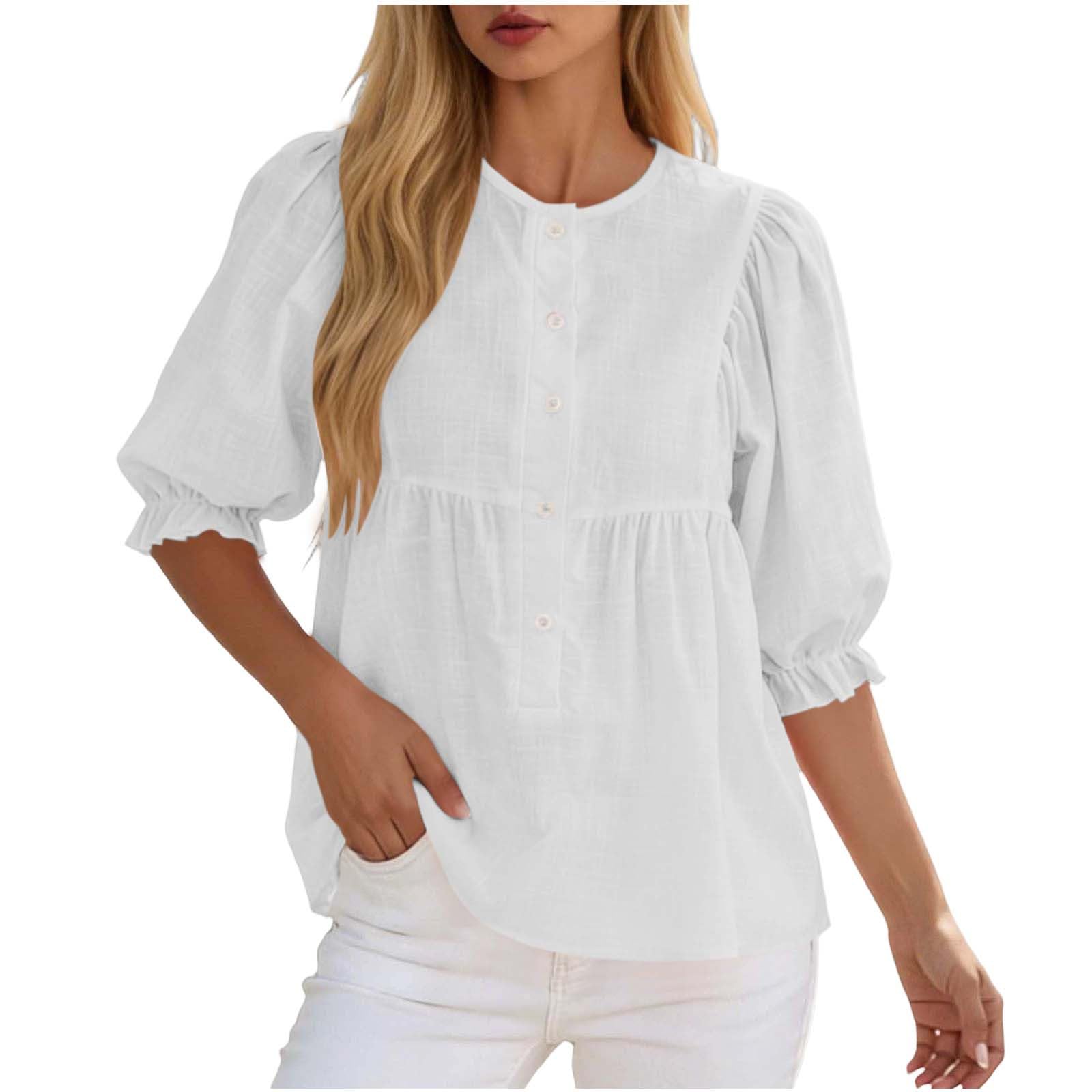 

Womens Tops Half Puff Sleeve Shirts Cotton Ruffled Blouses Summer Button Up Blouses XL білий