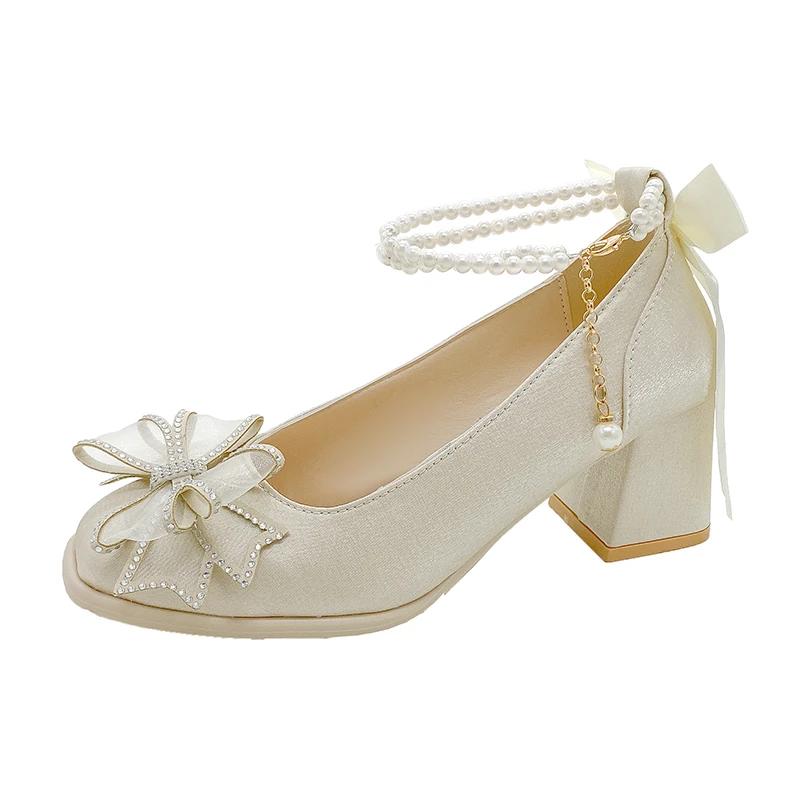 Fashion Elegant Pearls Ankle Strap Pumps Women Spring 2025 Square Toe Crystal Buckle Mary Janes Woman High Heels Party Wedding Shoes 40