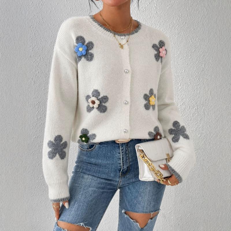 Damen Rundhals 3D Blumen Strick Langarm Lockerer Cardigan Pullover
