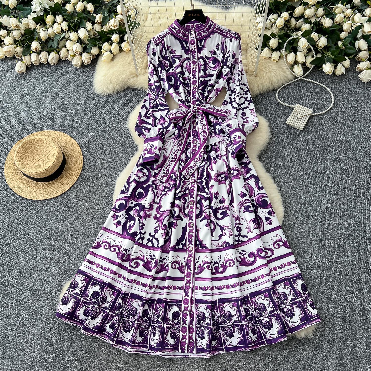 

Шикарное винтажное сексуальное платье с длинным рукавом, принтом, сборками, пуговицами, приталенное, элегантное, сказочное, в корейском стиле, бохо, сарафан, женская одежда, длинное платье XXL фиолетовый