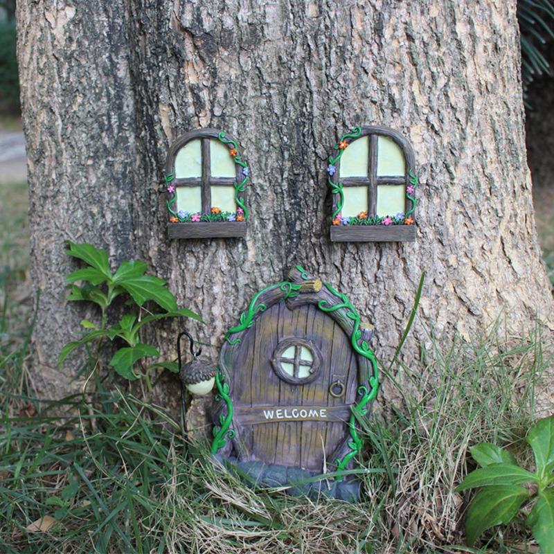Resin Luminous Door and Window Hangers Set, Outdoor Garden Fairy Fairy Door Tree Hanging, Micro-landscape Wall Hanging Decoration