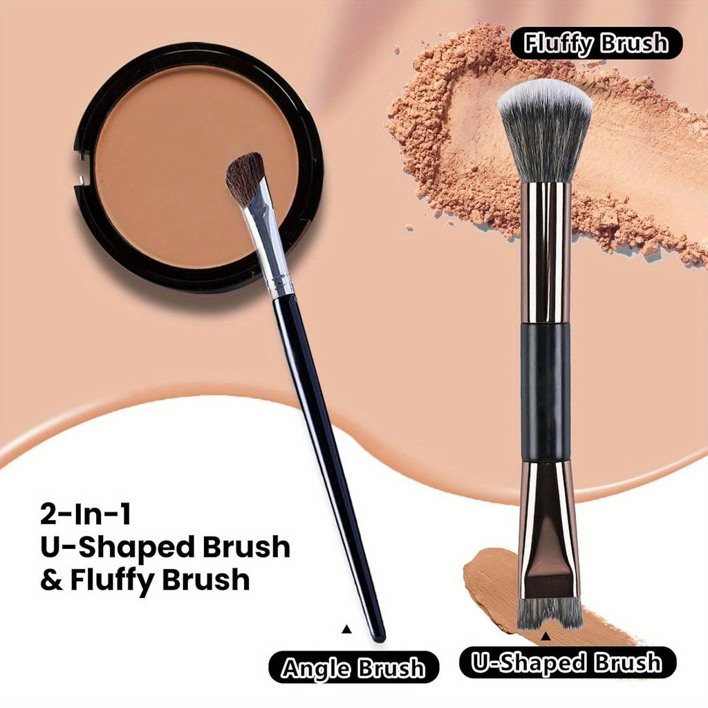 2Pcs Nose contour brush, 2-in-1 U-shaped brush and fluffy brush, angled inclined brush