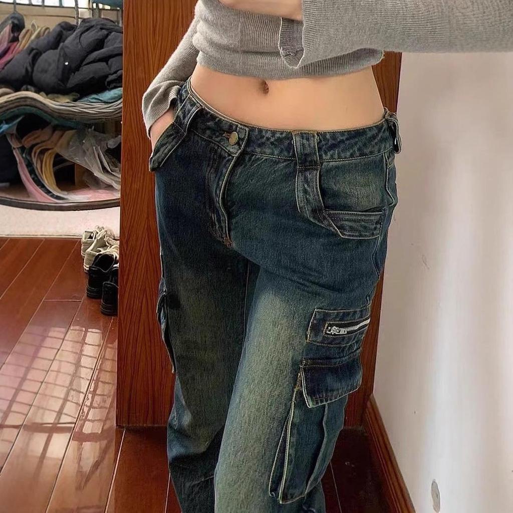 Women's Retro Low-Waist Pocket Cargo Flare Jeans - Spring/Autumn Style