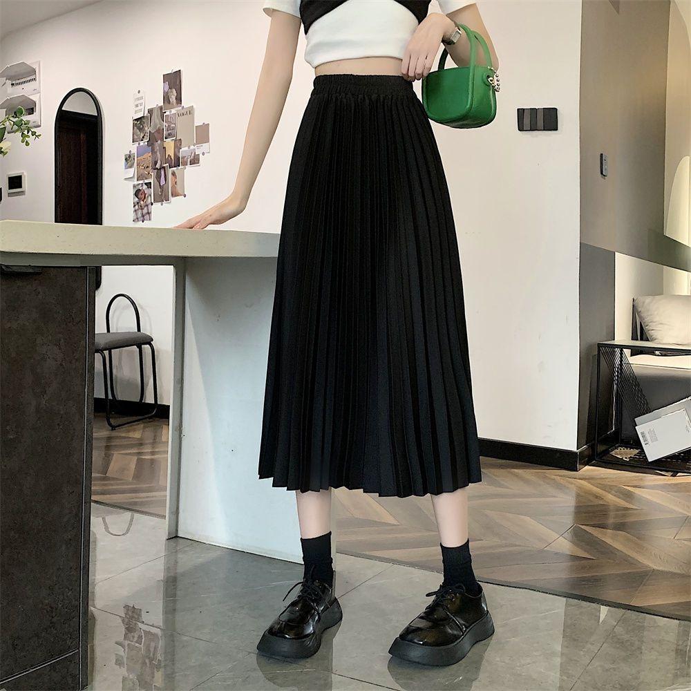 Skirts for Women Fashion Elegant Elastic High Waist Basic Pleated Skirt Solid Casual A Line Summer Midi Skirt
