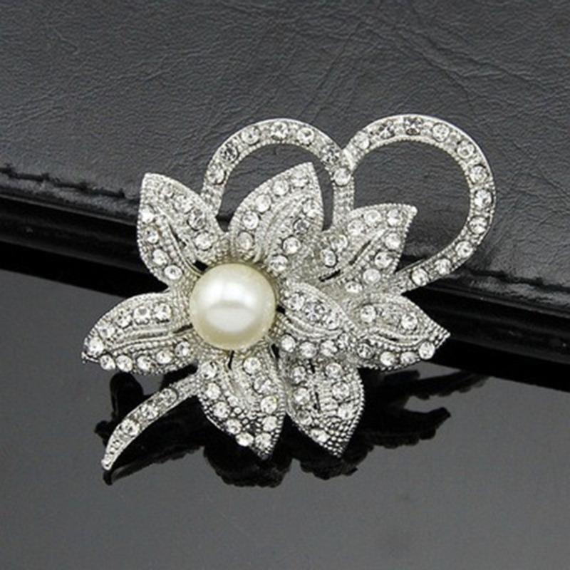Fashion Women Crystal Diamante and Imitation Pearls Flower Jewelry Brooch Pins DIY Wedding Bouquets Decoration NEW