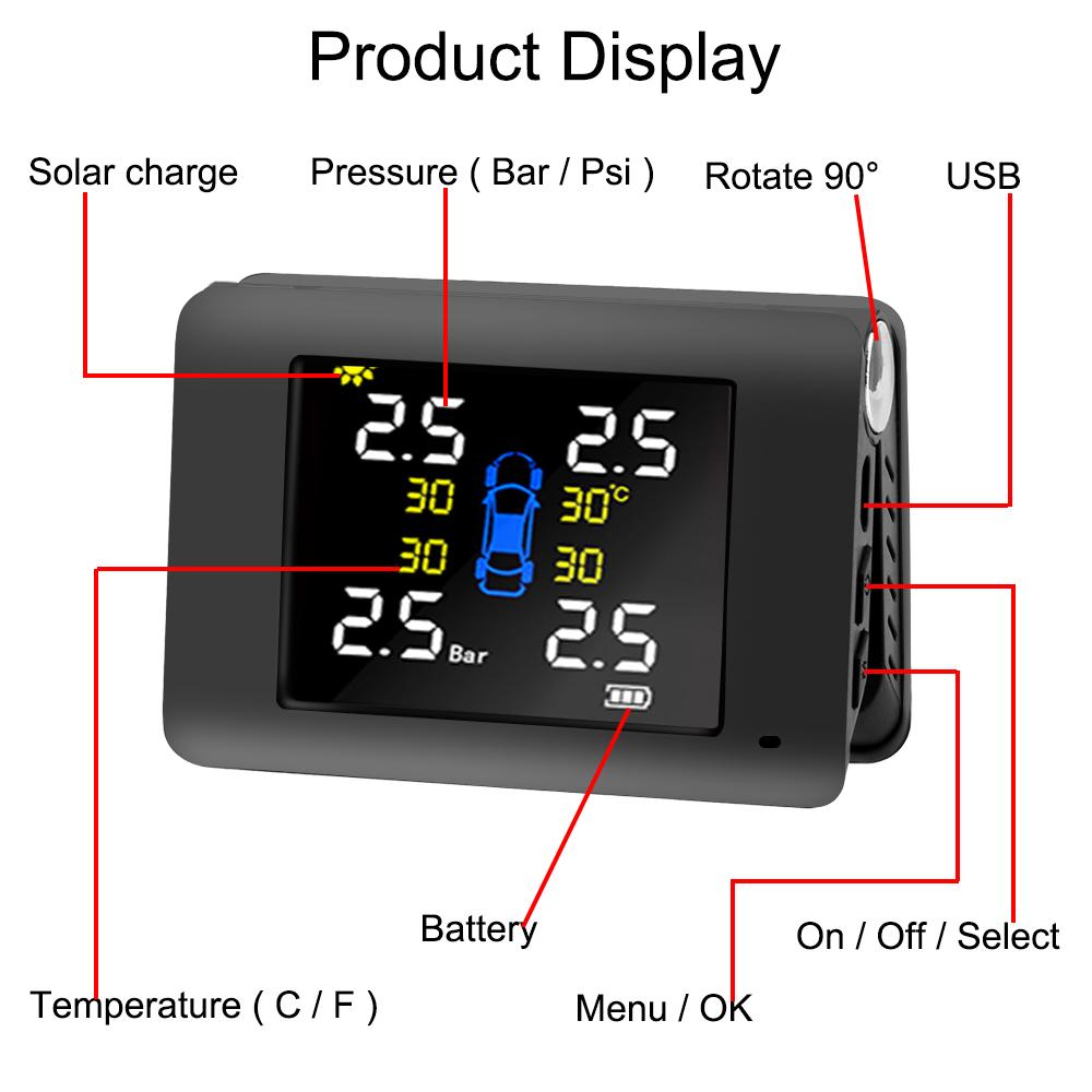 LED Display With 4 External or Built-in Sensors Car Tire Pressure Monitoring System Solar Power TPMS Temperature Warning Fuel Save Intelligent