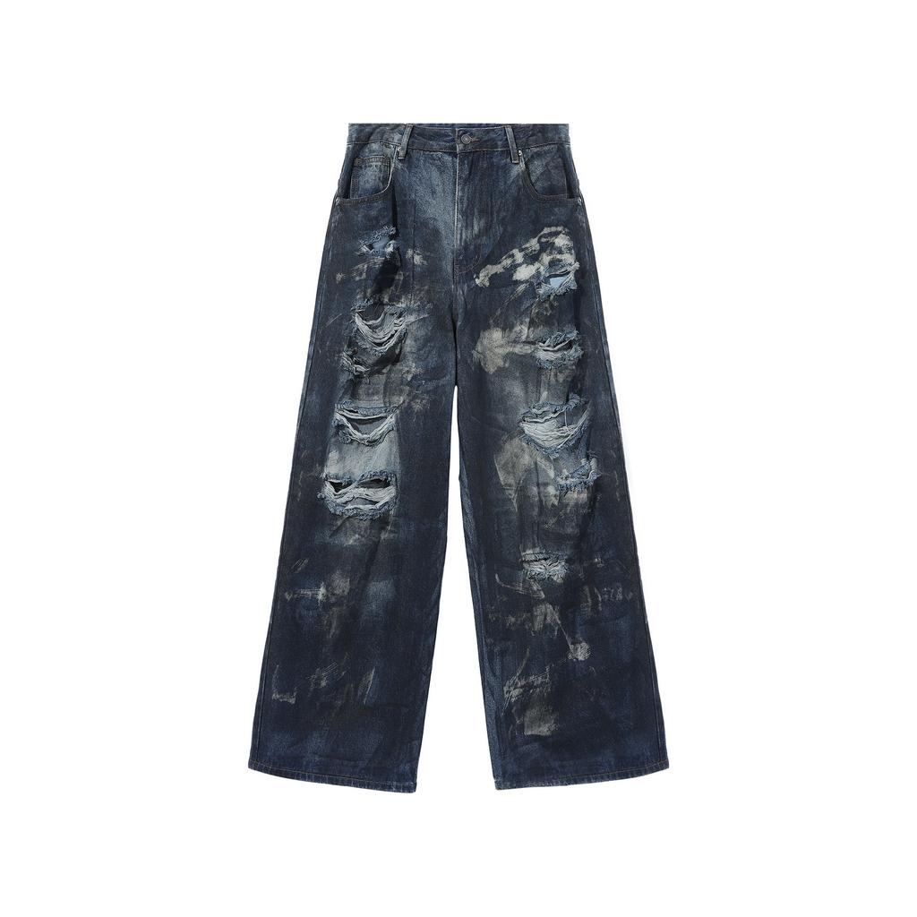 Tie-dye ripped jeans men's straight loose wide-leg American high street vibe pants trendy brand ruffian handsome beggar trousers