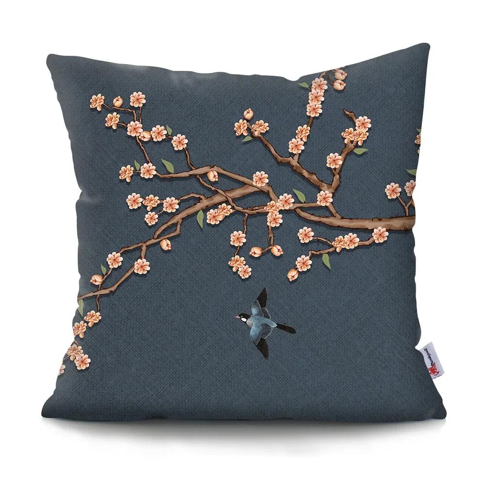Federa Cuscino Pittura Paesaggistica Cinese Fiori di Prugno Retrò Poliestere Stampato Federa Cuscino Decorazione per la Casa