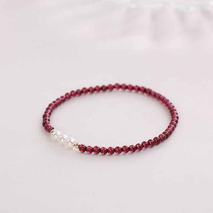 Women s 14K Gold Plated Copper Bracelet with Red Garnet and Freshwater Pearl Strand
