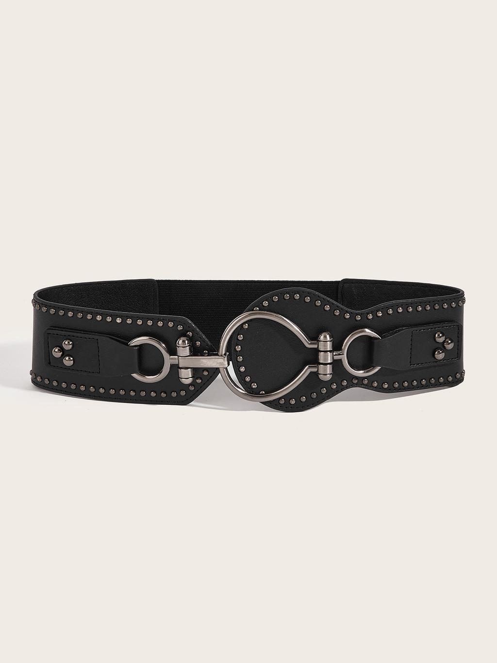 

Color Solid Fashion Large Circular Buckle And Rivet Design Women Waistband Wide