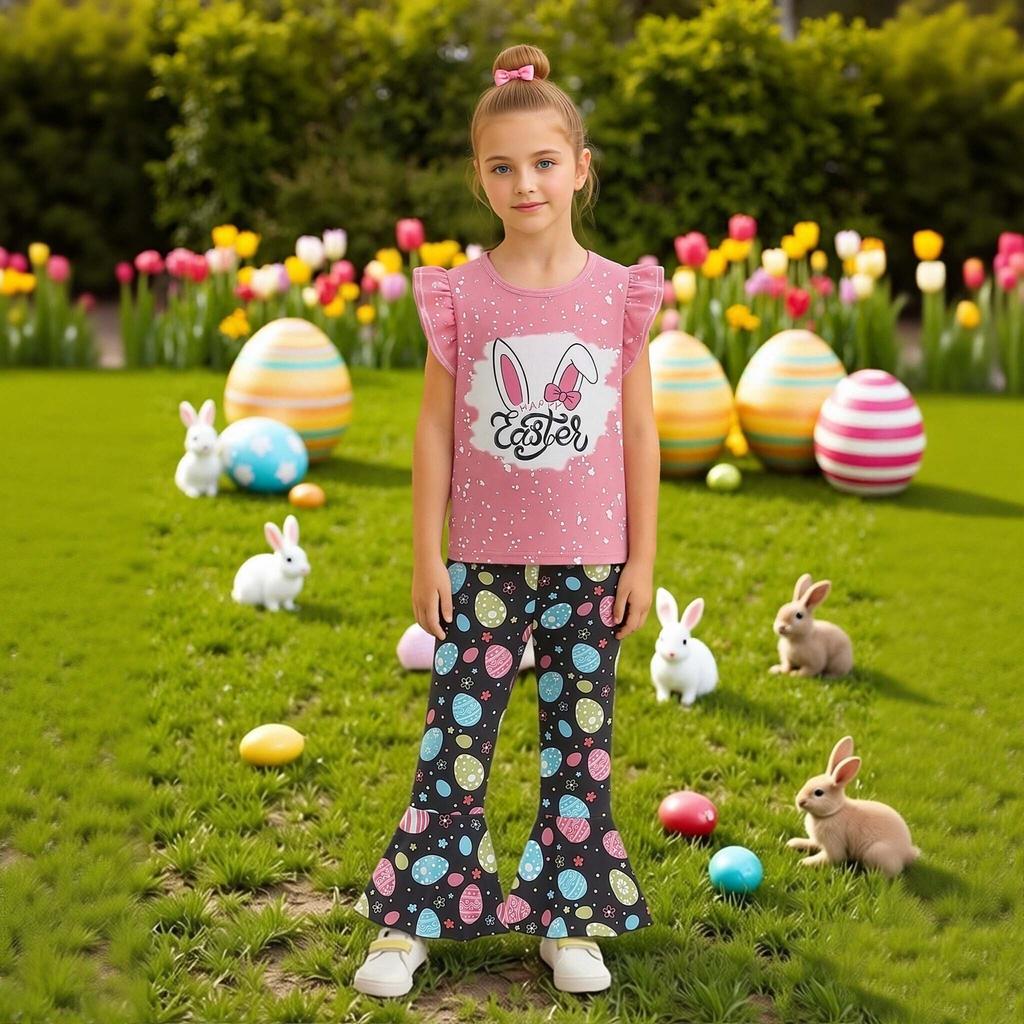 Toddler Girl Summer Outfit 1-6 Years Old Pink Rabbit Top with Black Easter Egg Print Bell Bottom Pants Cute Casual Set