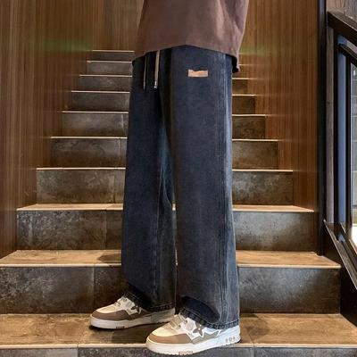 Autumn Men Straight Leg Blue Gray Loose Y2K Drawstring Jeans Streetwear Casual Wide Denim Pants Male Baggy Trousers Versatile Loose Wide Leg Pants