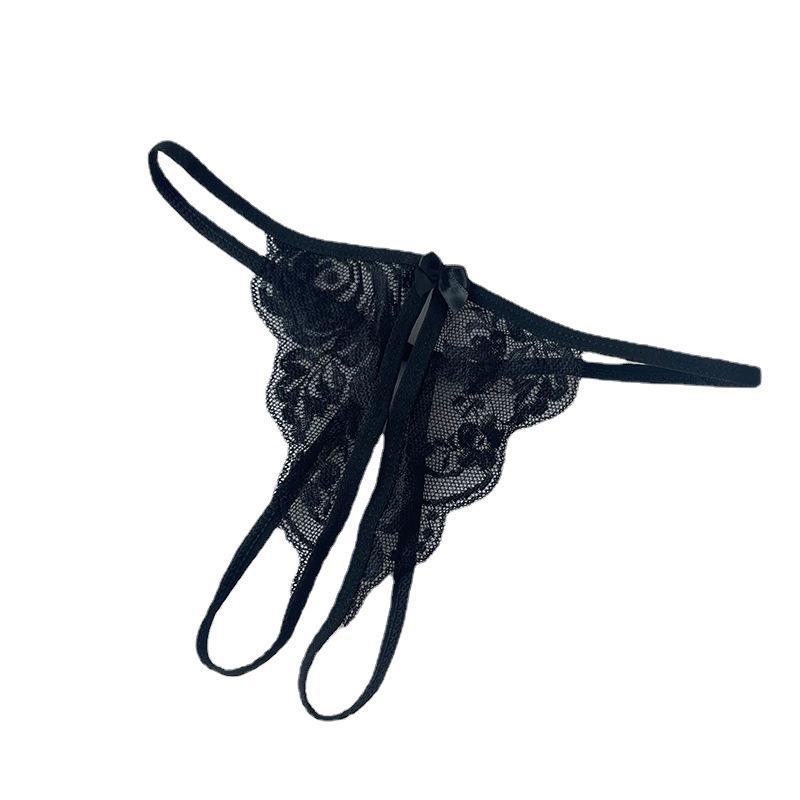Spitzen-String-Höschen mit Schrittverschluss und nicht ausziehbaren Schnüren, transparenter Slip mit niedriger Taille.