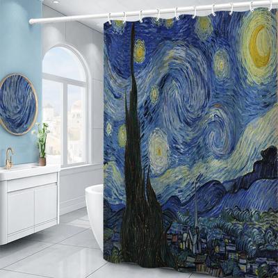 Perdea de duș Van Gogh Noapte înstelată Pictură în ulei Artă abstractă Cer albastru Nor alb Stea Lună Peisaj Decor baie cu cârlige