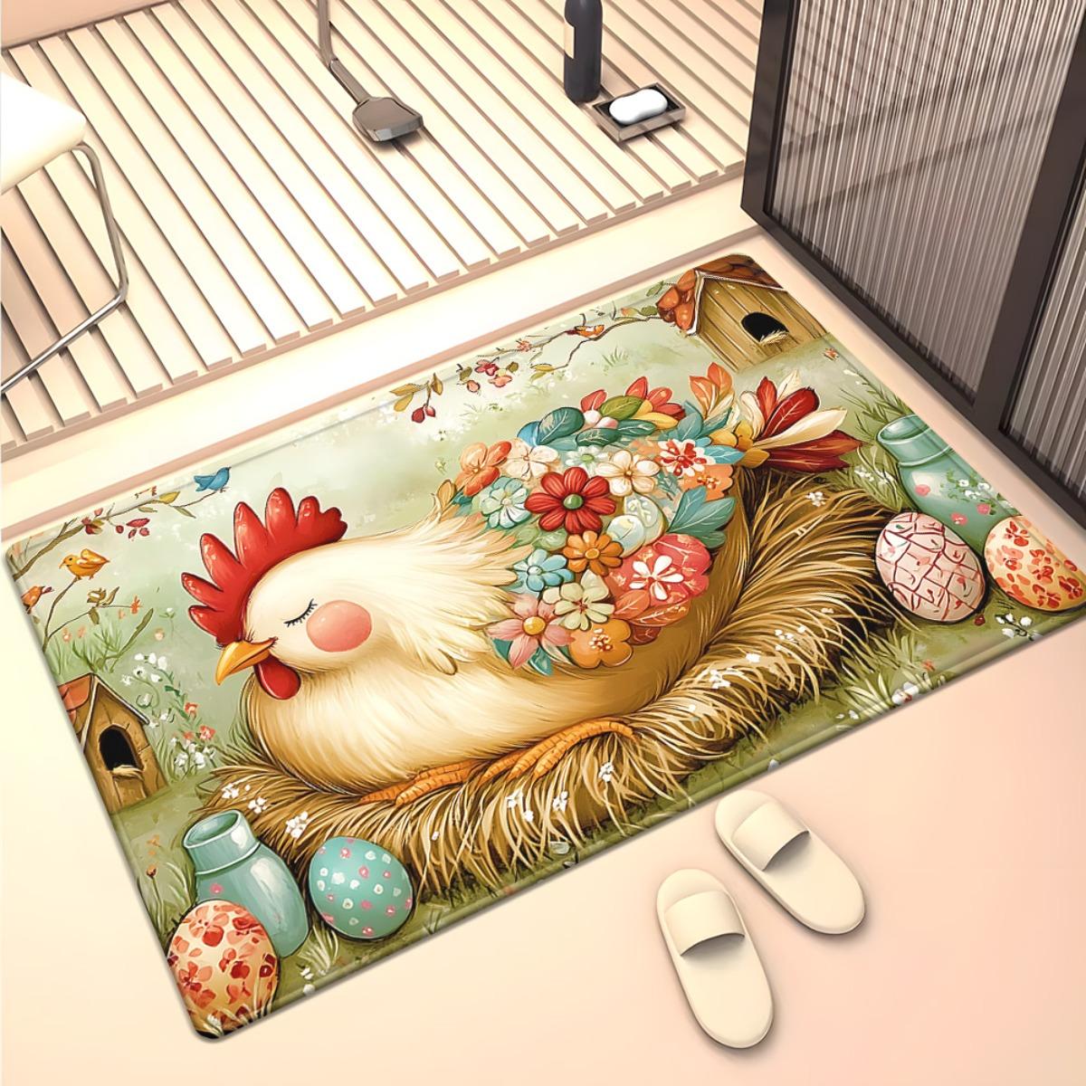 

Cute Chicken Floral Design Crystal Velvet Rug Living Room Decor Easter Theme Home Decoration Soft Floor Mat Cozy Family Space 50x 80cm