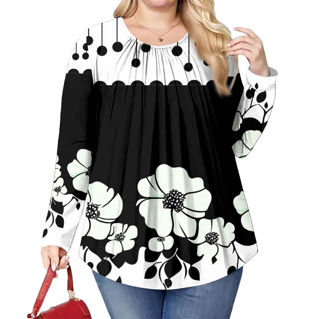 Women's Plus Size Fashion Printed Casual Pleated Round Neck Long Sleeve Top