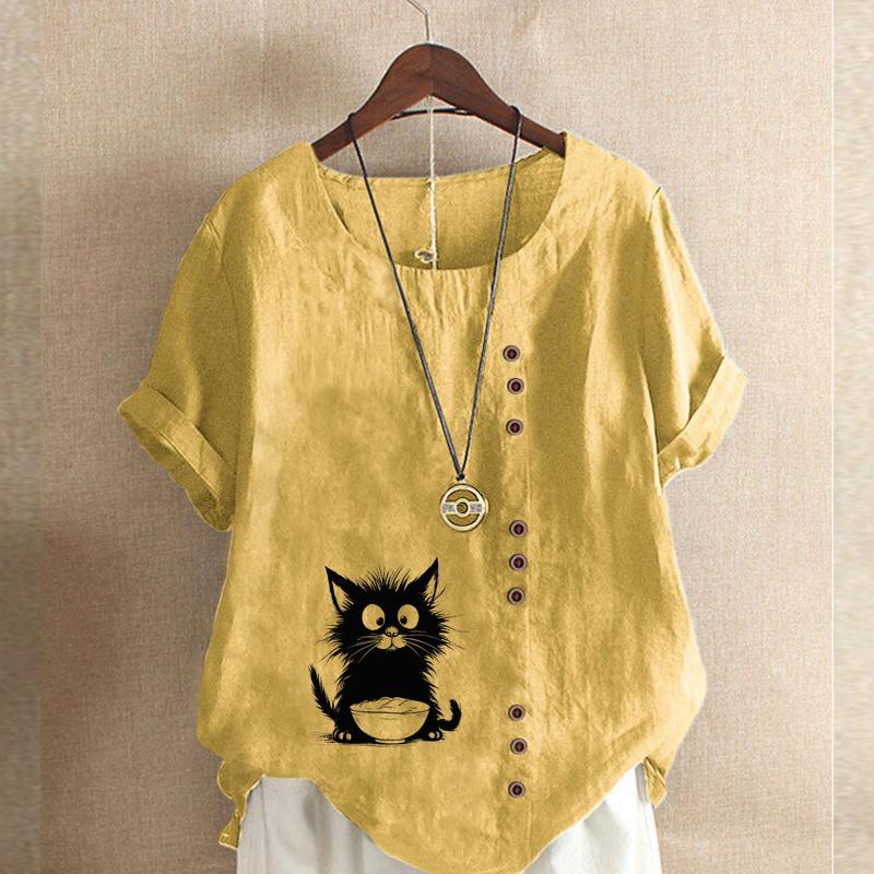 Women's Fashion Black Cat Prined Short Sleeve T-shirt Loose Cotton Shirt Casual Loose Summer Blouse Plus Size Tops