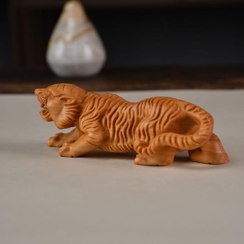 Wood Carving Tiger Baby Sculptures and Figurines Chinese Characteristic  Home Room Office Table Decoration and Accessories