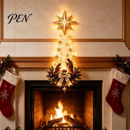 Christmas Wall Decor for Home Lighted Nativity Decor, 3D Gold Bethlehem Scene LED Hanging Light with Decorative Pine Branch Art Warm Glow, Religious