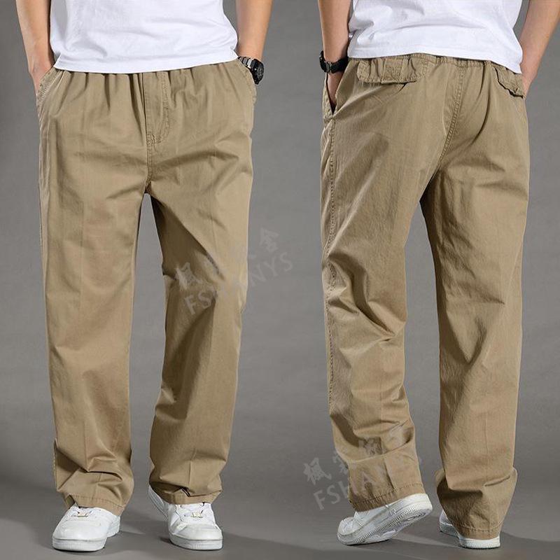 Men's Plus Size Casual Cargo Pants, Spring/Autumn, Cotton, Elastic Waist, Loose Fit, Straight Leg, Middle-Aged Style