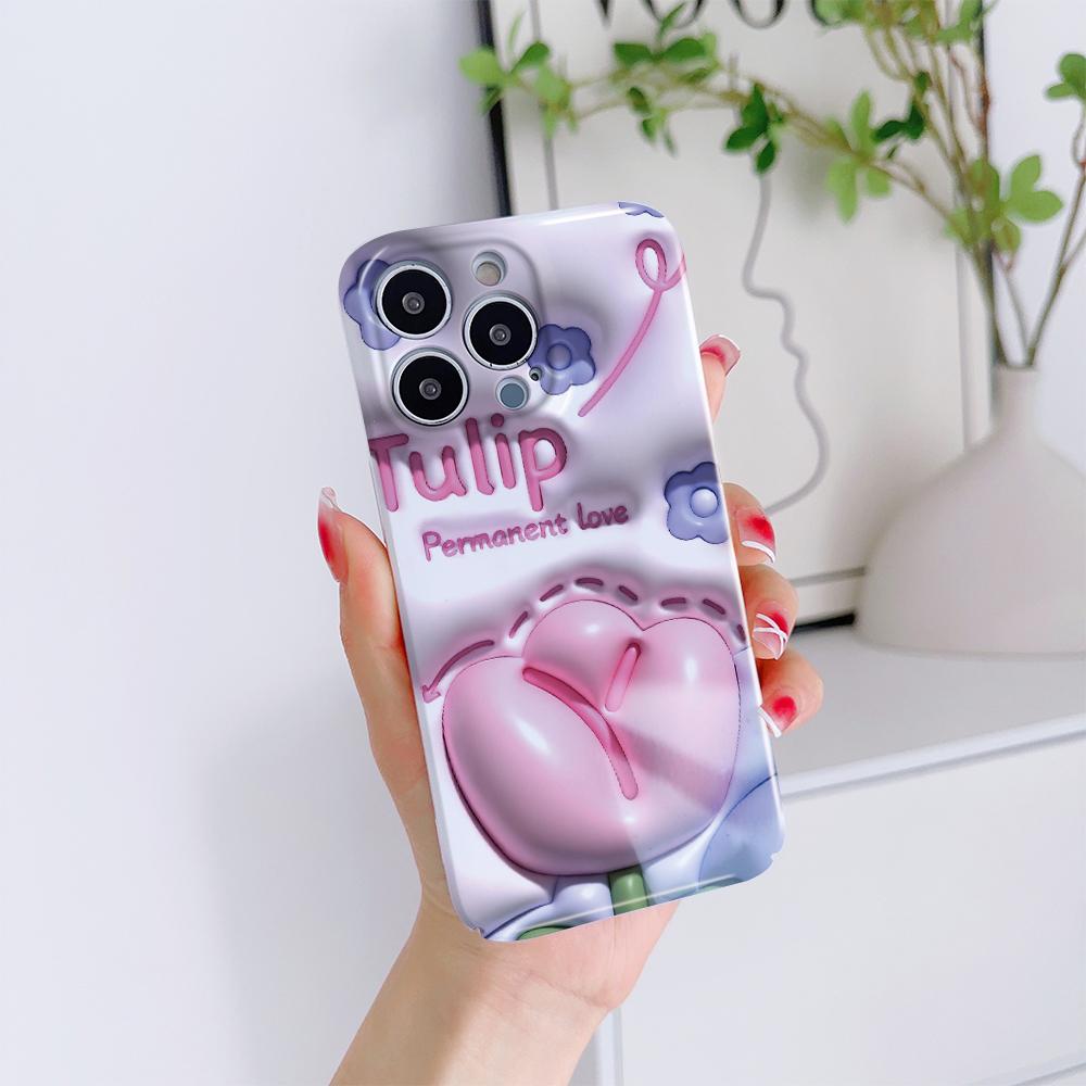 For iPhone 16 15 14 Samsung S23 A23 A52 A33 A73 A53 Huawei Xiaomi Redmi OPPO Vivo Stereoscopic Style Tulips Design Full Camera Protect Hard Phone Case