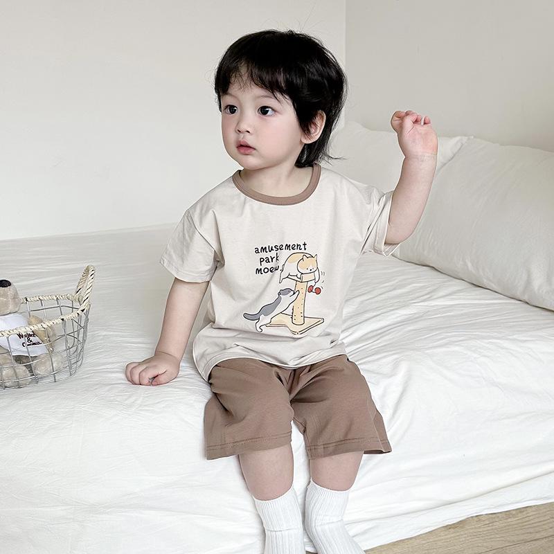 Girls' Summer Cotton Pajama Set - Breathable Cartoon Shorts and Round Neck Top
