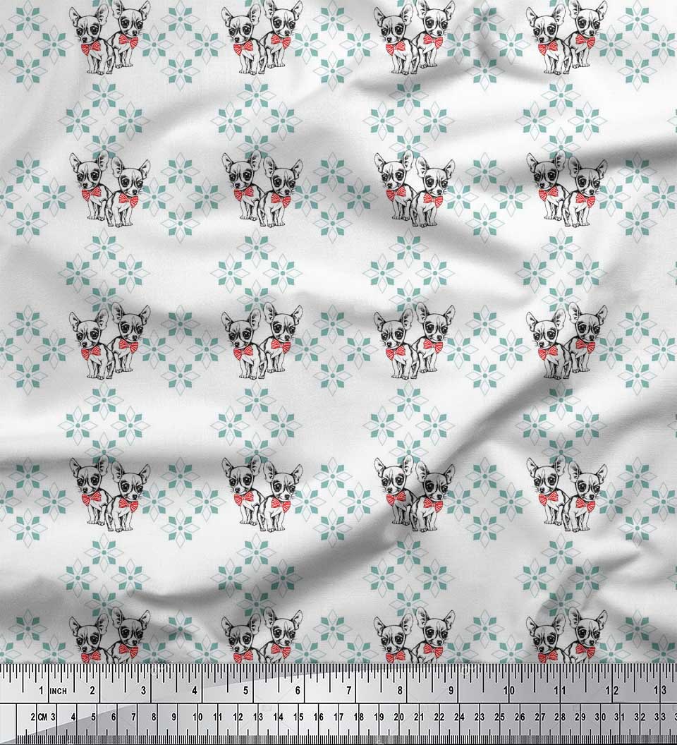 

Японська креп-атласна тканина Soimoi з принтом квітів, бантів і собак чихуахуа 1 метр 42 дюйма 42 Inch Wide - Poly Crepe білий