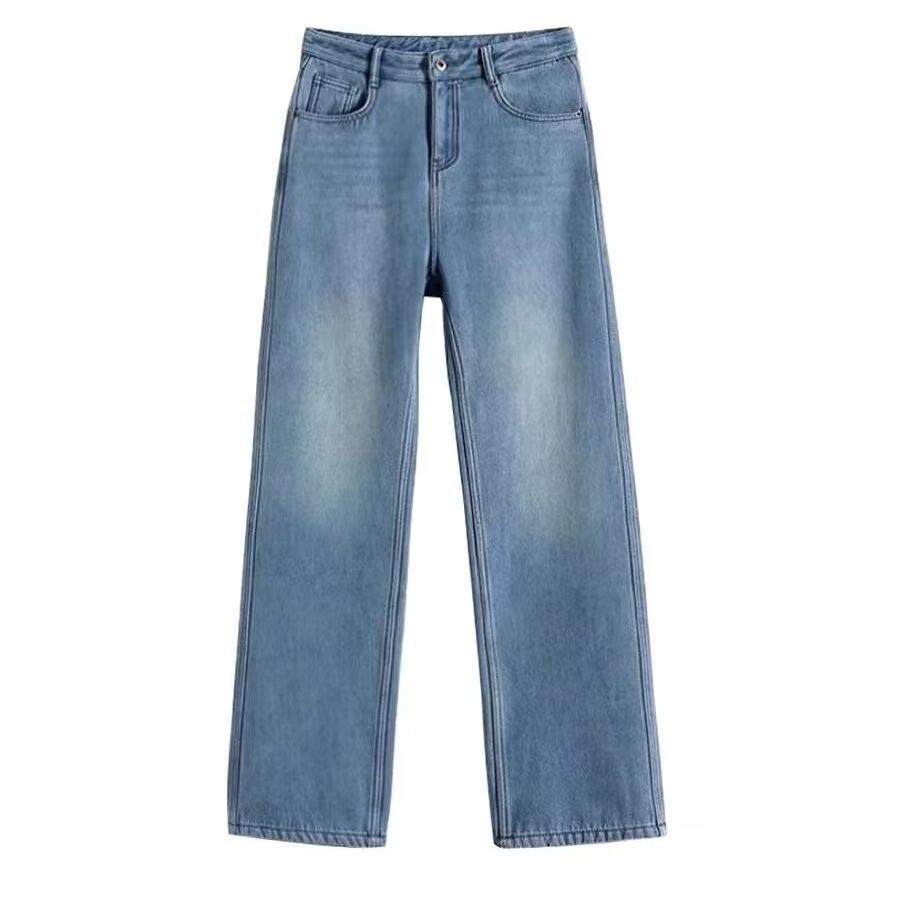 

Женские джинсы с высокой посадкой, в стиле ретро, синего цвета, на флисовой подкладке, с широкими штанинами, для осени и зимы 2XL