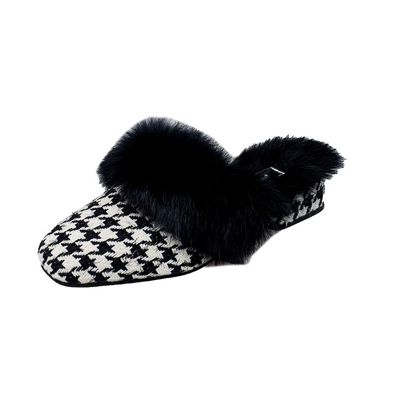 Fashion Aphixta Winter Gingham Upper Long Real Rabbit Fur Plush Women Slippers Nature Warm Furry Shoes Square Toe Flat Heel Hair Slides